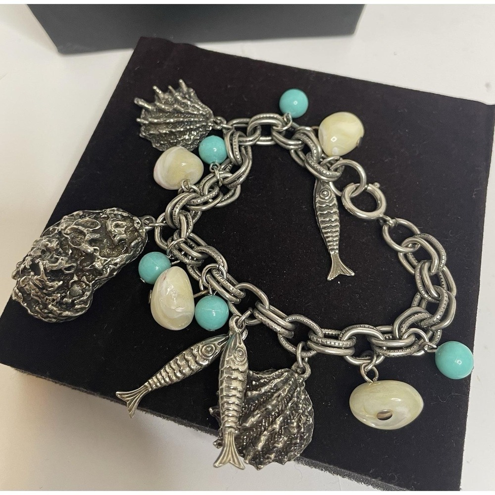 Vtg. German Seashell Charm Bracelet Silver Tone 7" Fish Beach MOP & Blue Beads